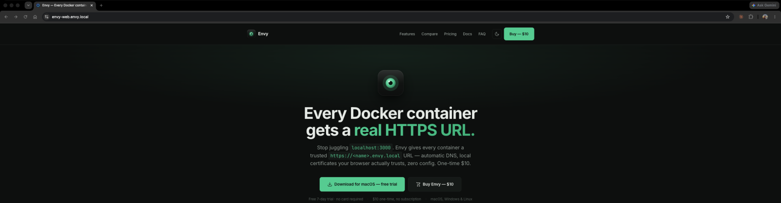 A browser address bar showing a trusted padlock on a .envy HTTPS URL