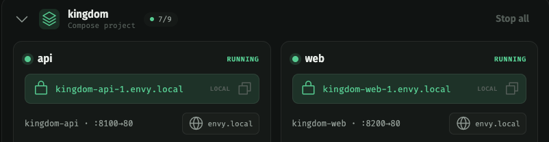 The Envy services list showing containers each with their own https domain URL