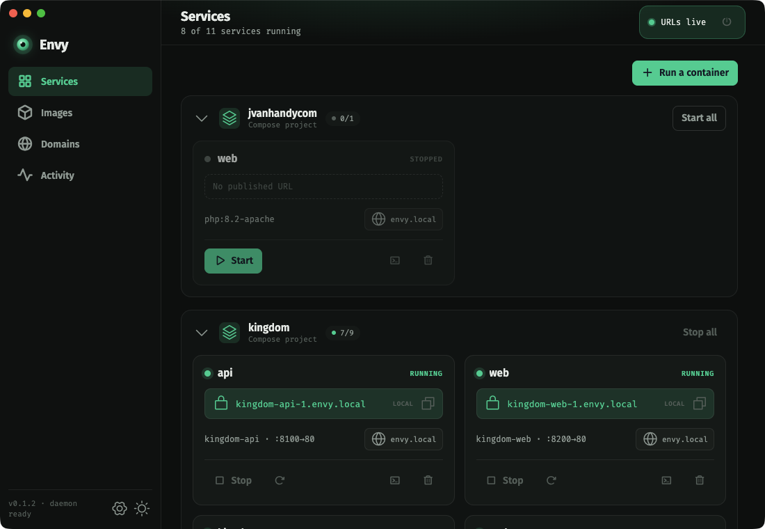 The Envy app listing Docker containers, each with its own https URL, and a menu-bar icon